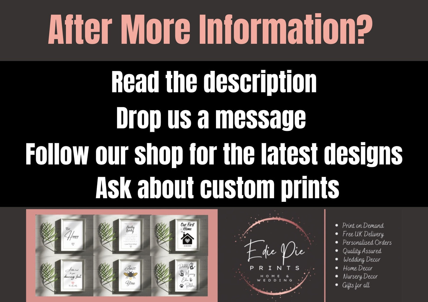 Custom wall art information graphic, print shop services and framed home and nursery decor examples.