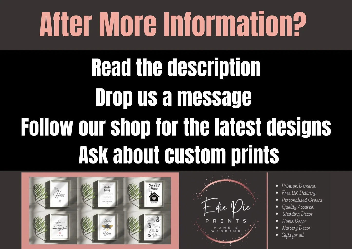 Text graphic offering info on custom prints, framed wall art samples, UK home and nursery decor.