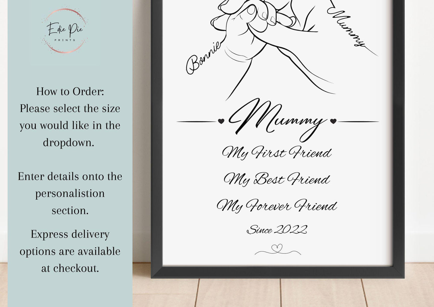 Custom Mummy and Baby Line Art Print, Personalised Mother's Day Gift, Mum First Best Friend Quote, New Mummy Birthday Gift, Baby Hand Decor