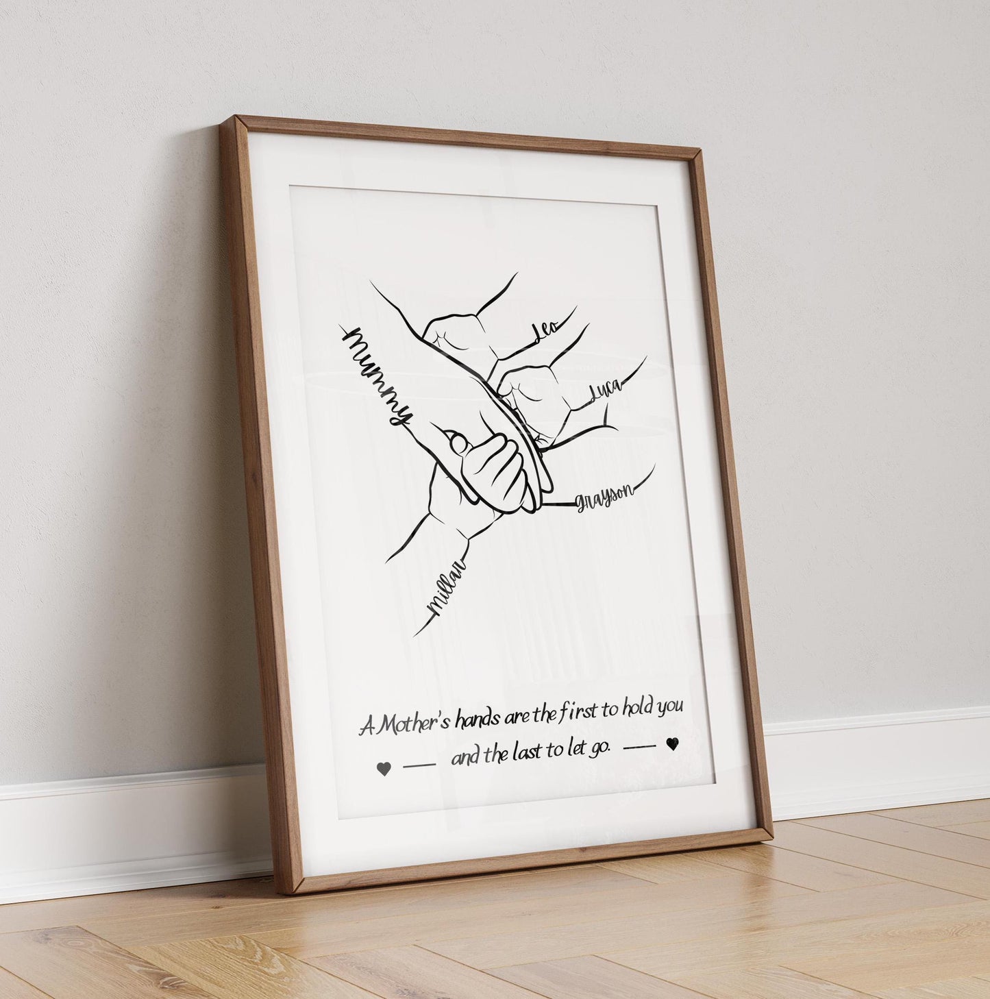 A line art illustration featuring a pair of hands, one labeled "Mum, Mummy, Muma etc" and the other labeled with the name of a child. The hands are gently holding each other, symbolizing love and care. Below the hands, a quote reads: "A Mother’s hands are the first to hold you and the last to let go."