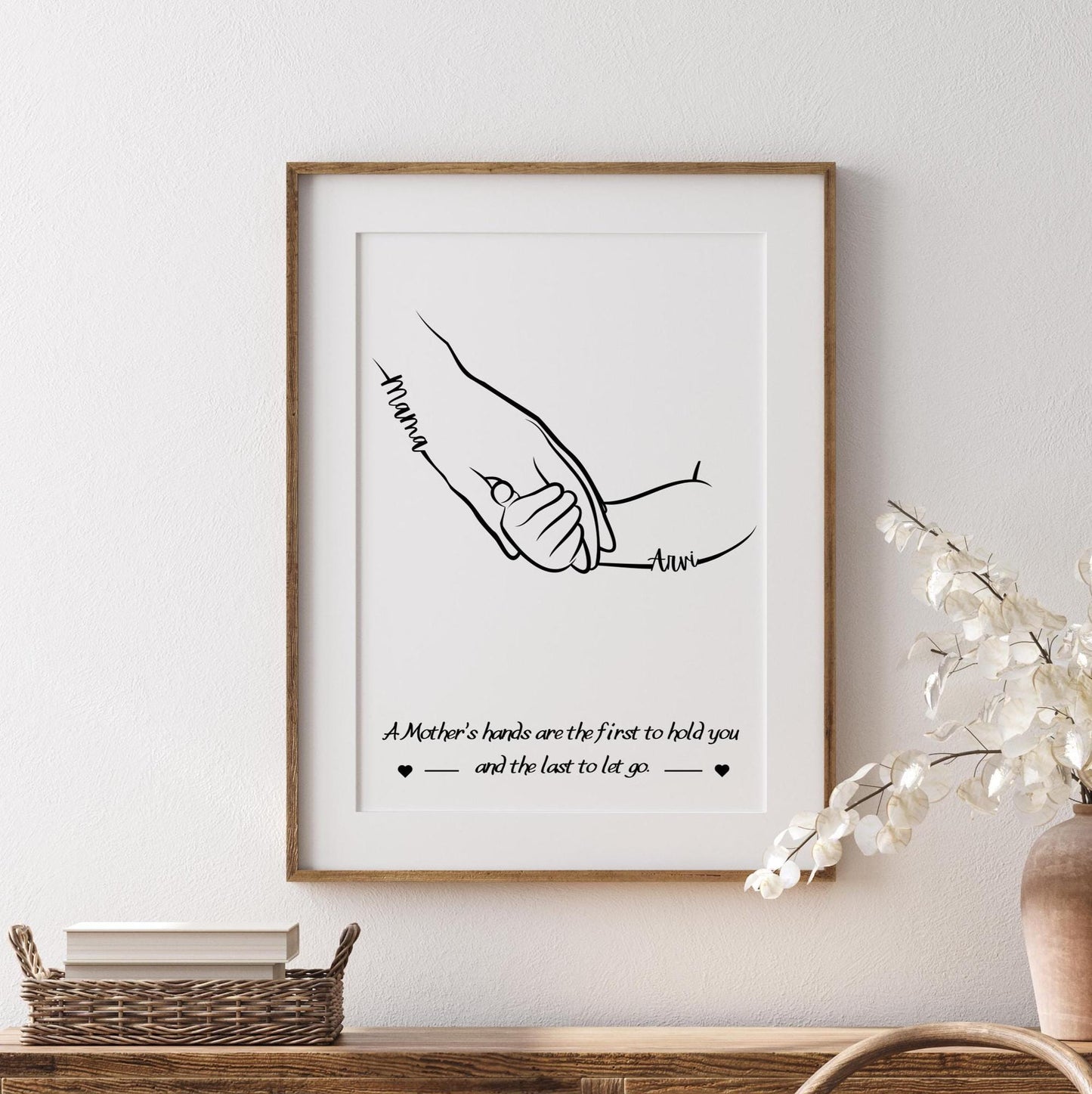 A line art illustration featuring a pair of hands, one labeled "Mum, Mummy, Muma etc" and the other labeled with the name of a child. The hands are gently holding each other, symbolizing love and care. Below the hands, a quote reads: "A Mother’s hands are the first to hold you and the last to let go."