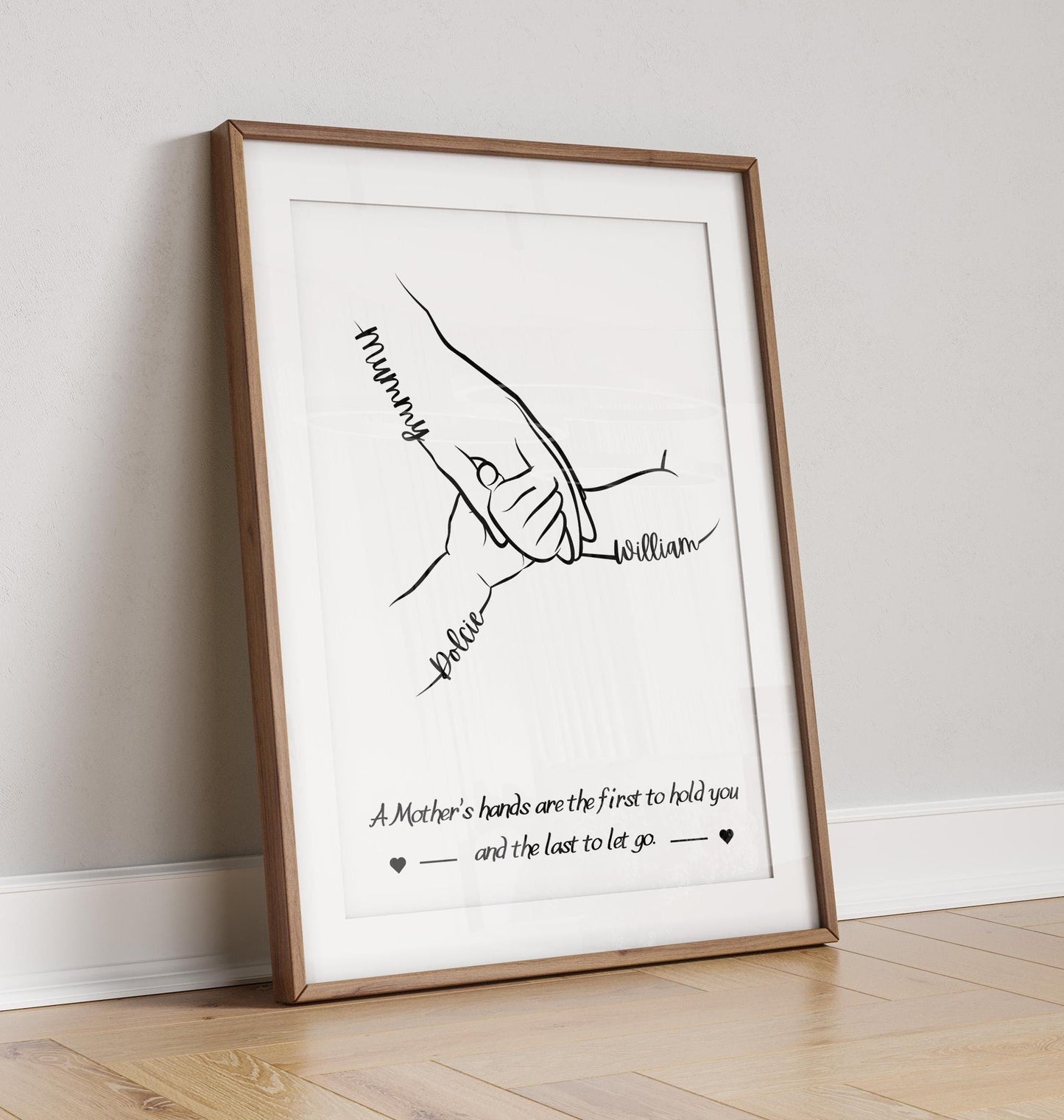 A line art illustration featuring a pair of hands, one labeled "Mum, Mummy, Muma etc" and the other labeled with the name of a child. The hands are gently holding each other, symbolizing love and care. Below the hands, a quote reads: "A Mother’s hands are the first to hold you and the last to let go."