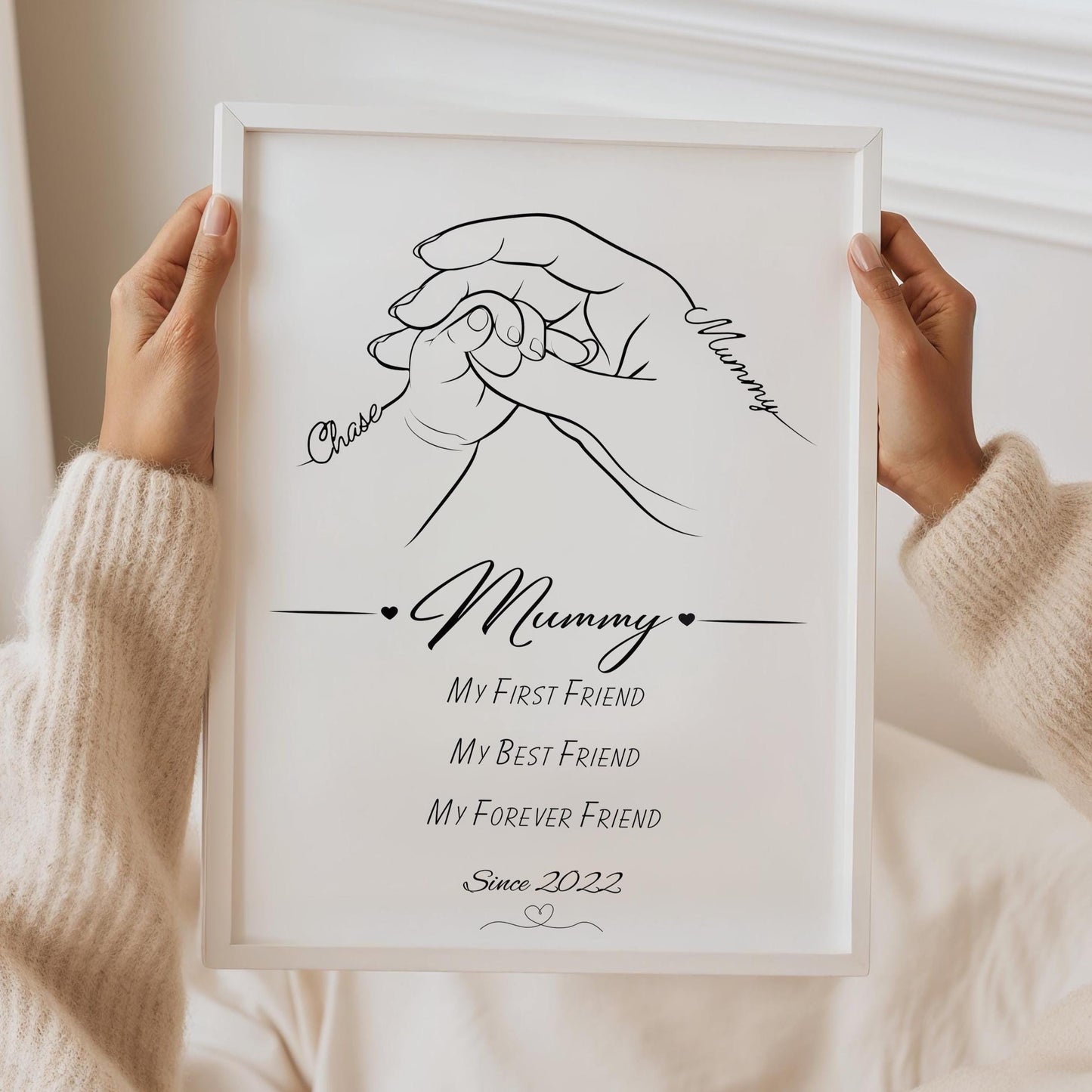 Custom Mummy and Baby Line Art Print, Personalised Mother's Day Gift, Mum First Best Friend Quote, New Mummy Birthday Gift, Baby Hand Decor