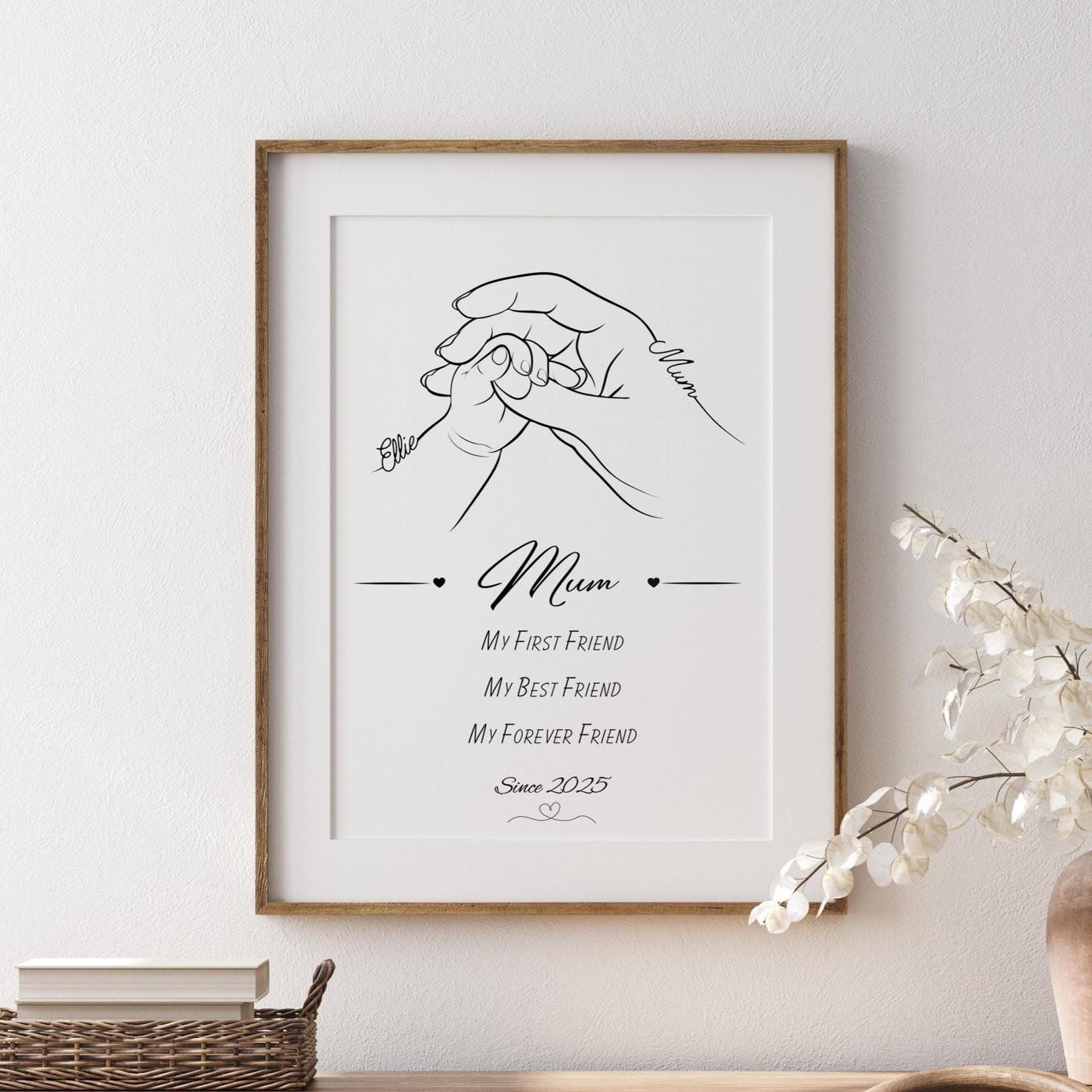 Custom Mummy and Baby Line Art Print, Personalised Mother's Day Gift, Mum First Best Friend Quote, New Mummy Birthday Gift, Baby Hand Decor