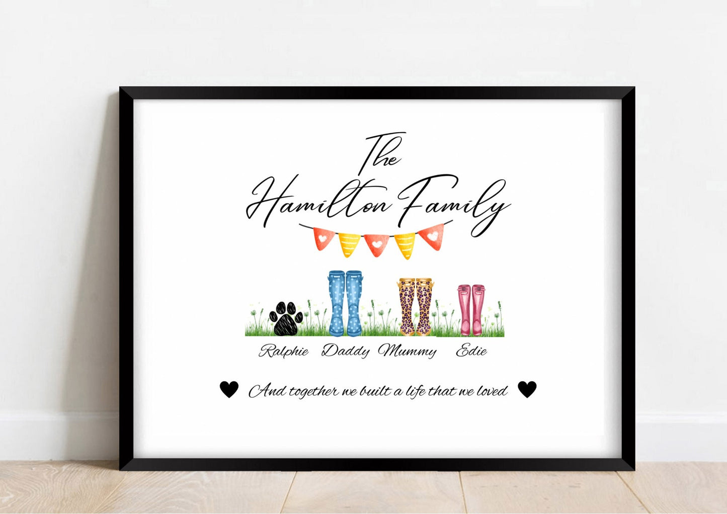 Family Wellies Print, Wellington Boots Christmas Gift, Framed Poster for Couple, Housewarming Present, 3-12 Family Names, New Parents Decor