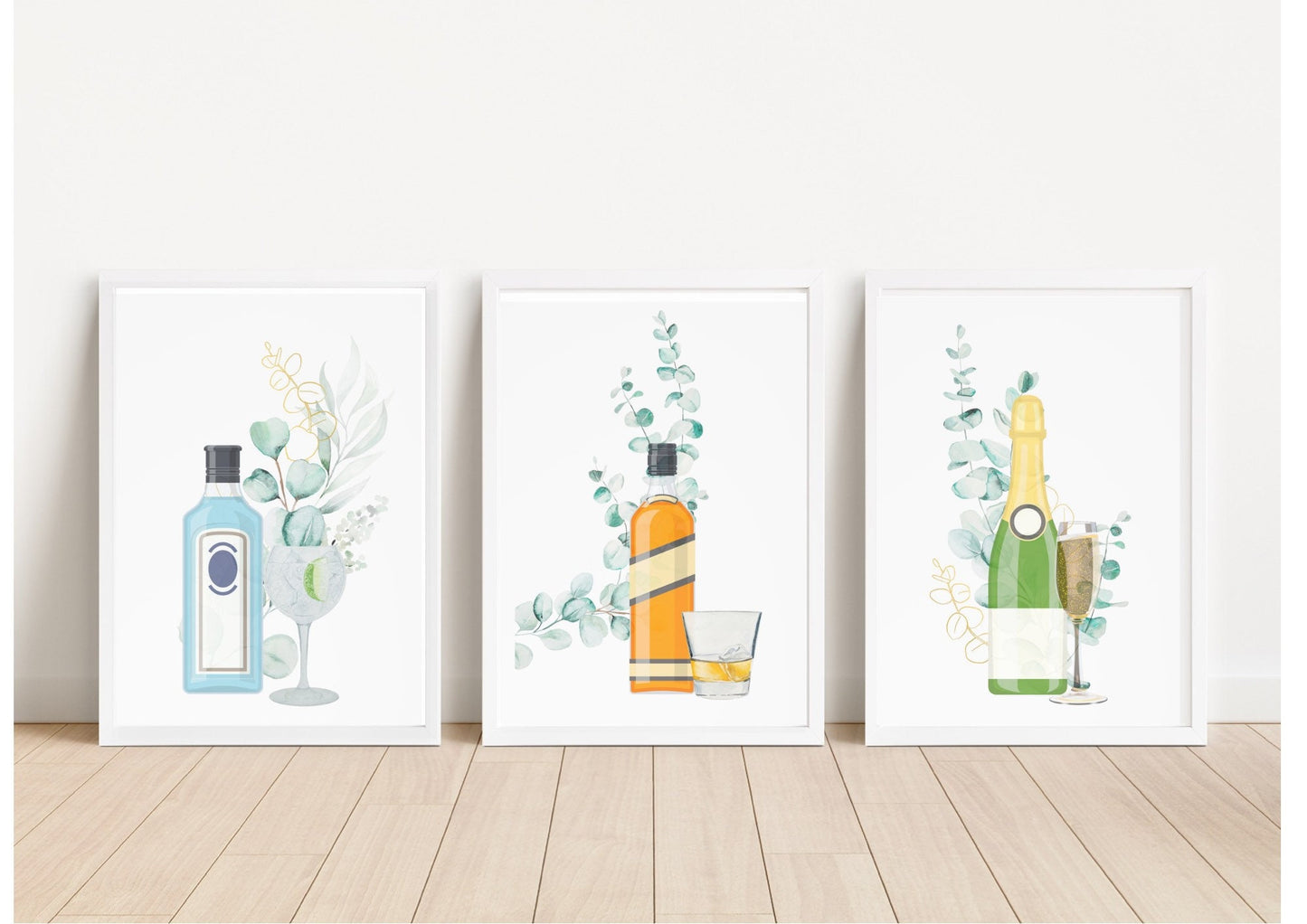 Botanical Alcohol Prints: Whisky, Gin, Prosecco Watercolor Art Set