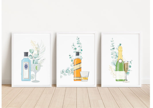 Botanical Alcohol Prints: Whisky, Gin, Prosecco Watercolor Art Set