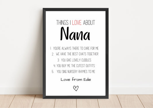 Personalized Nana Print: Things I Love About You, Grandma Gift
