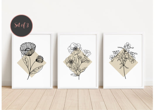 Floral Line Art Print Set: Neutral Beige Botanical Posters