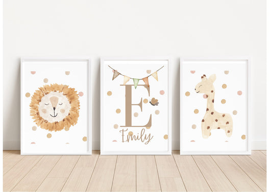 Safari Nursery Print Set: Safari Animals Watercolour Bedroom Prints, Personalised Name Poster