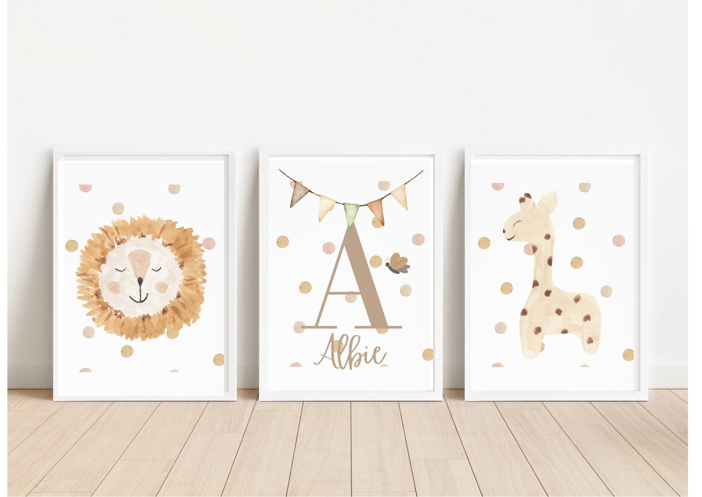 Safari Nursery Print Set: Safari Animals Watercolour Bedroom Prints, Personalised Name Poster