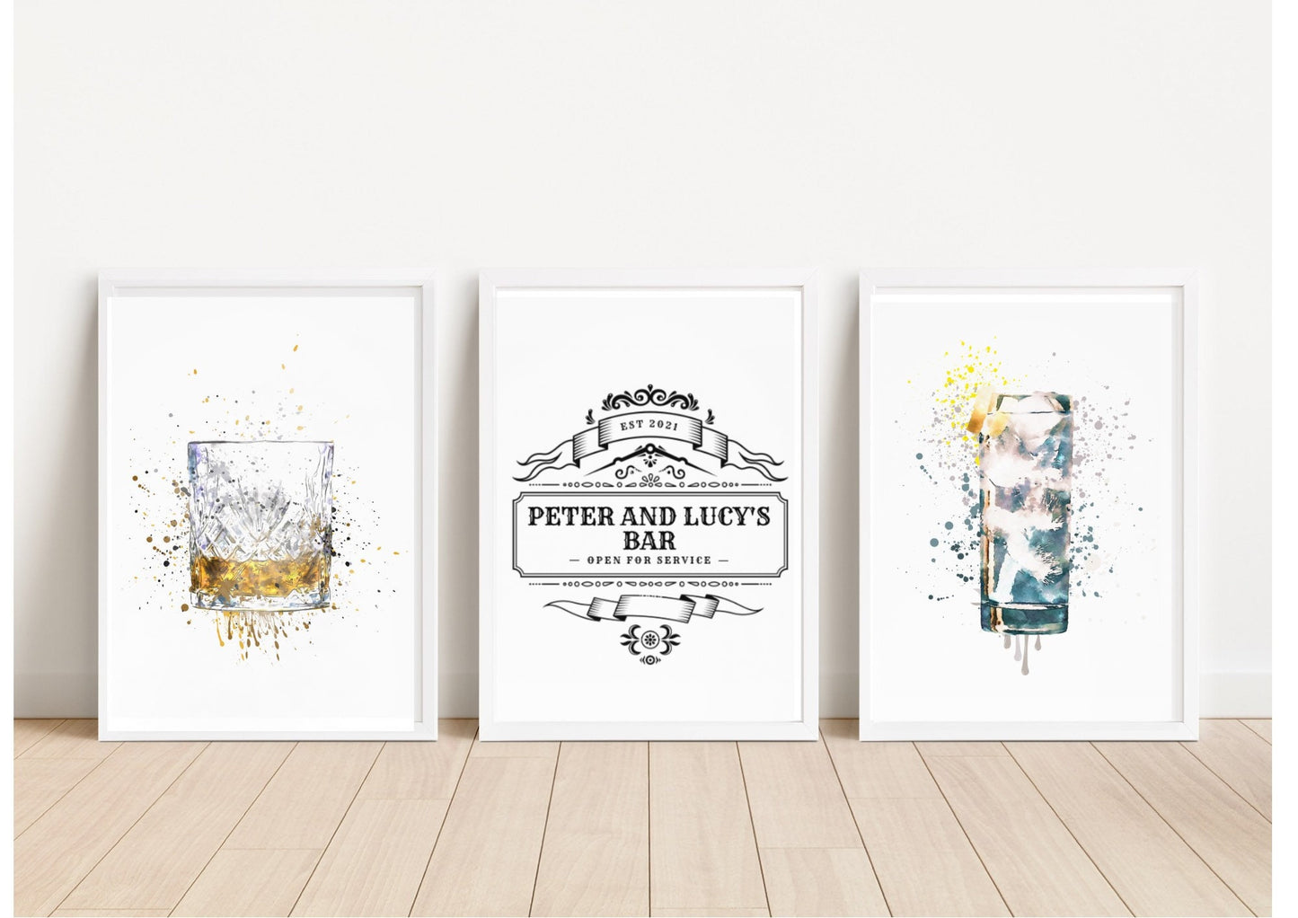 Personalized Home Bar Art Prints: Whiskey & Cocktails Watercolor Set
