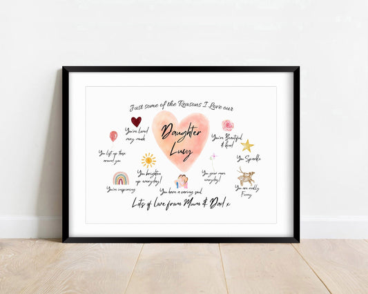 Personalised Daughter Print: Reasons I Love You, Sentimental Gift
