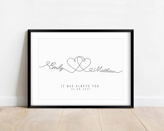 Custom Couple Line Art Print, Minimalist Anniversary Gift, Personalised Gift for Girlfriend or Boyfriend, Framed Birthday Gift for Him Her