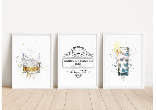 Personalized Home Bar Art Prints: Whiskey & Cocktails Watercolor Set