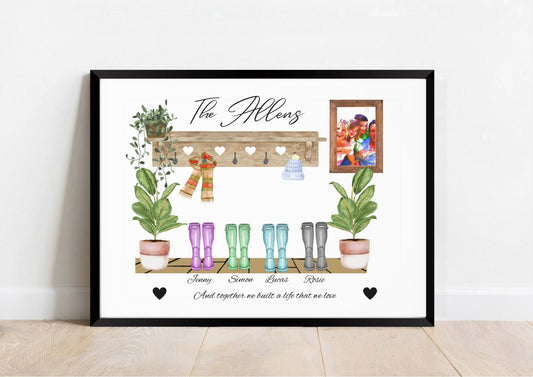 Personalized Family Welly Boot Watercolor Photo Print