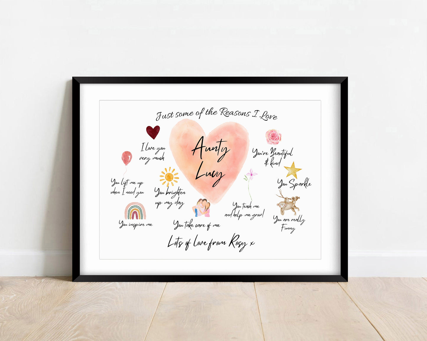 Personalized Auntie Reasons I Love You Print - Framed Watercolor Art