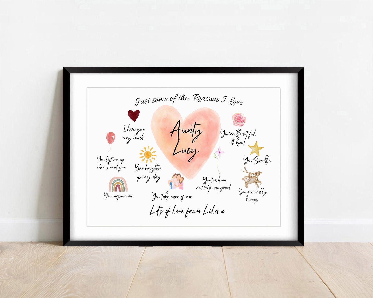 Personalized Auntie Reasons I Love You Print - Framed Watercolor Art