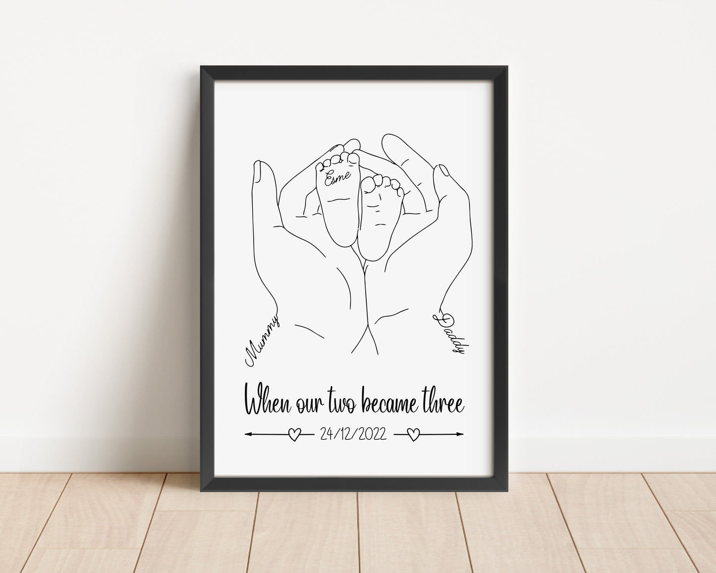 Personalised New Baby Print, Minimalist Line Art, Names & Birthdate