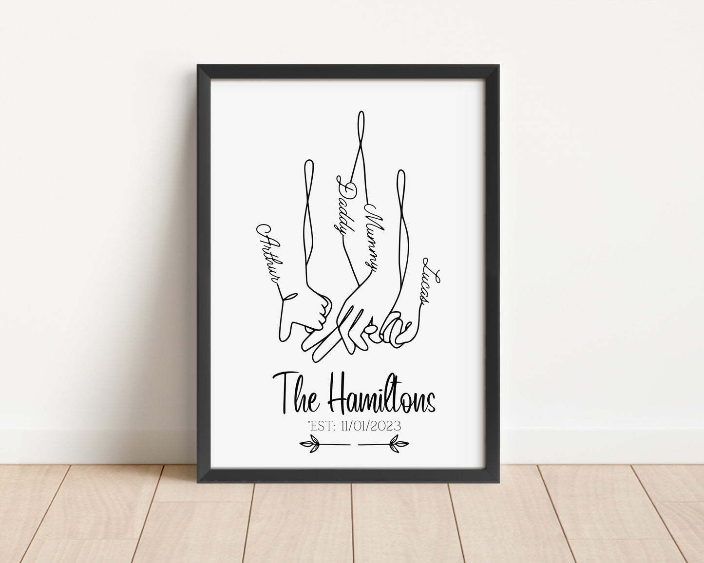 Personalised Family Hand Holding Line Art, Custom Family Name Print, Minimalist Wall Art, Family Established Sign, Custom Home Decor