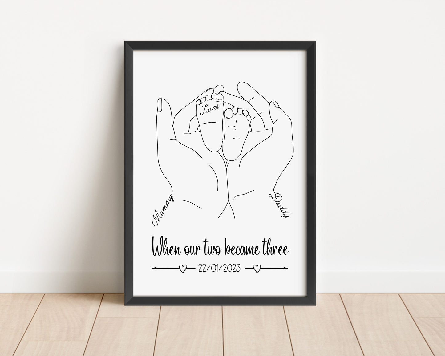 Personalised New Baby Print, Minimalist Line Art, Names & Birthdate