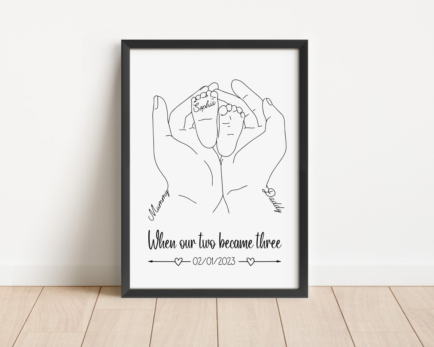 Personalised New Baby Print, Minimalist Line Art, Names & Birthdate
