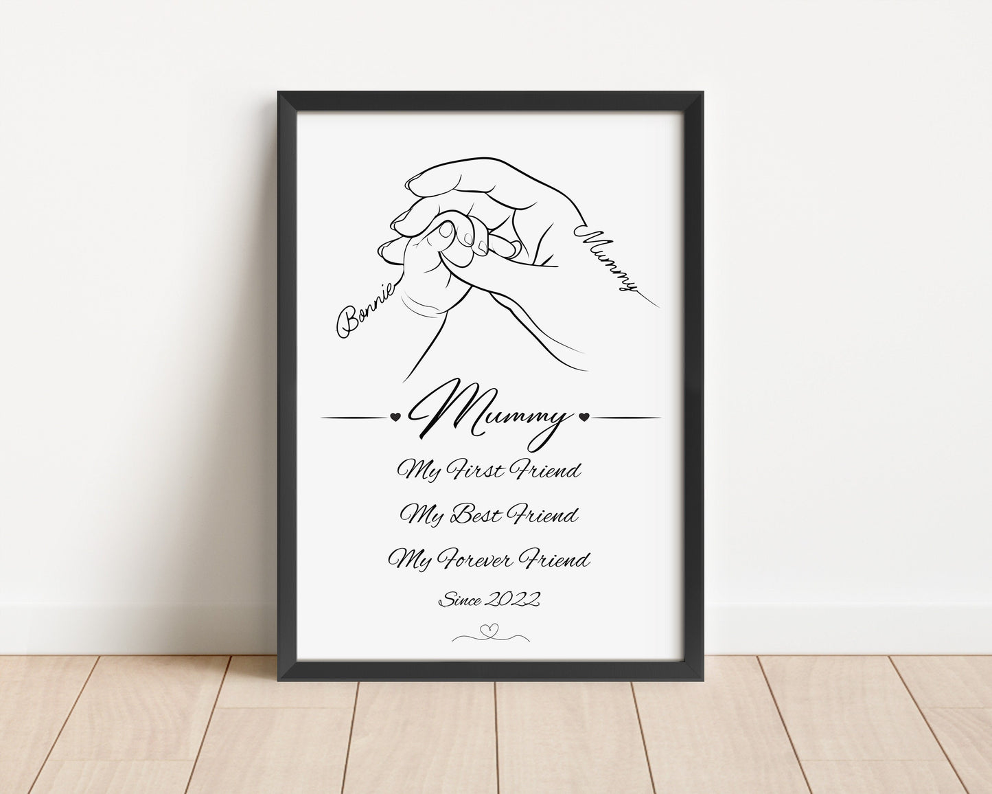 Custom Mummy and Baby Line Art Print, Personalised Mother's Day Gift, Mum First Best Friend Quote, New Mummy Birthday Gift, Baby Hand Decor
