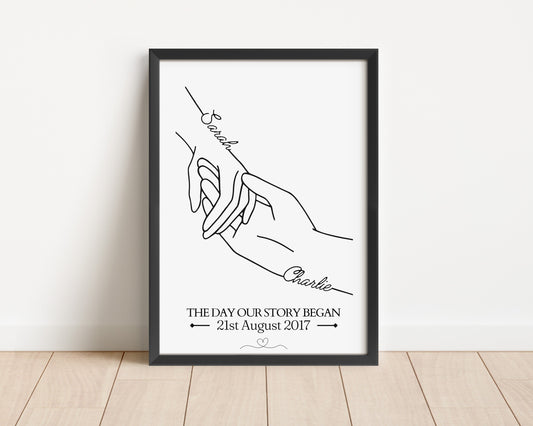 Custom Anniversary Print, Hands Minimalist Line Art, Valentines Day, Wedding Gift, Personalised Gift for Wife, Gift for Girlfriend Boyfriend