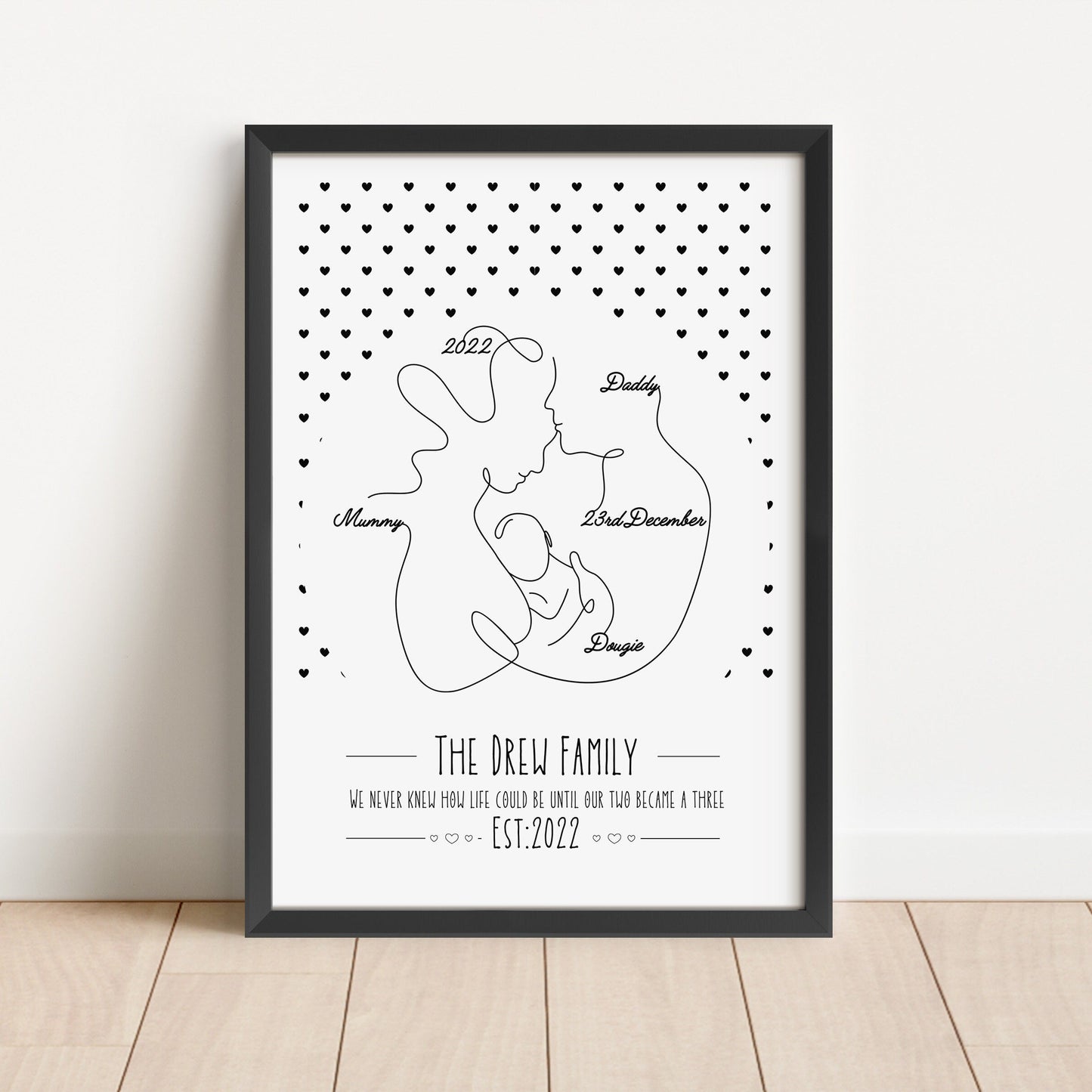 Personalized New Parent Line Art Print: Family Birth Stats Wall Decor