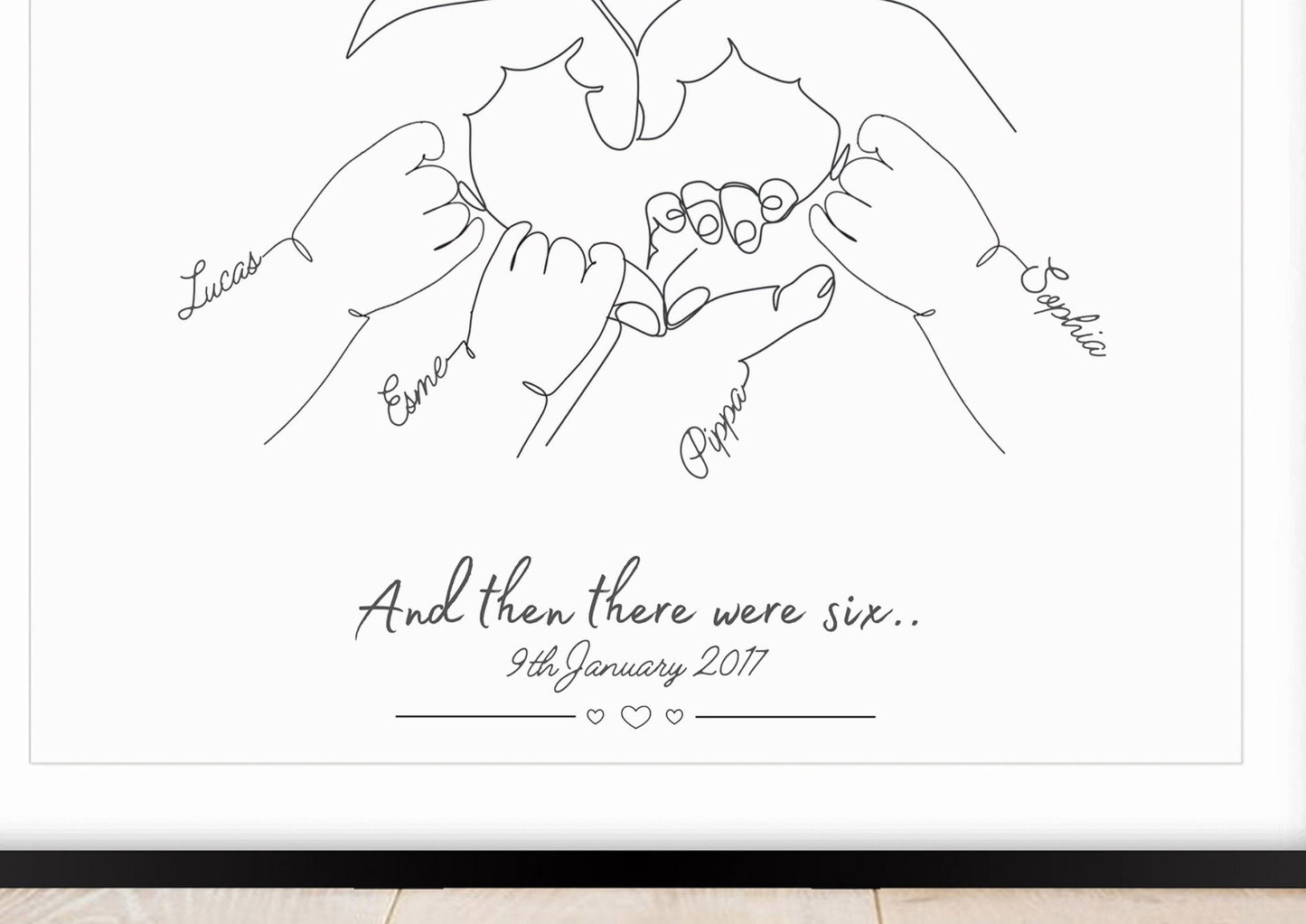 Personalised Family of 6 Print, Gift for New Baby, Minimalist Line Art Poster, Baby Shower, Family Names and Date of Birth, Mothers Day Gift