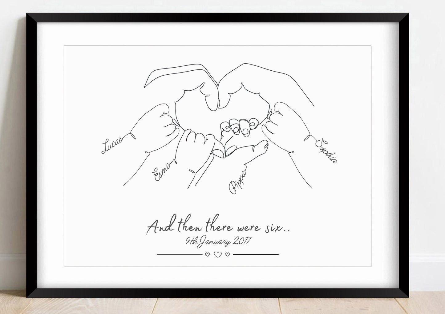 Personalised Family of 6 Print, Gift for New Baby, Minimalist Line Art Poster, Baby Shower, Family Names and Date of Birth, Mothers Day Gift
