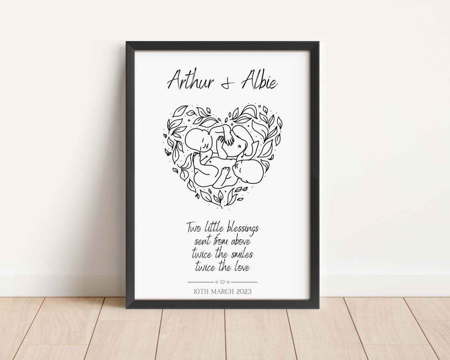 Personalised Twins Print, Gift for New Family, Twin Babies, Minimalist Line Art, Baby Shower, Family Names, Date of Birth, New Mummy & Daddy