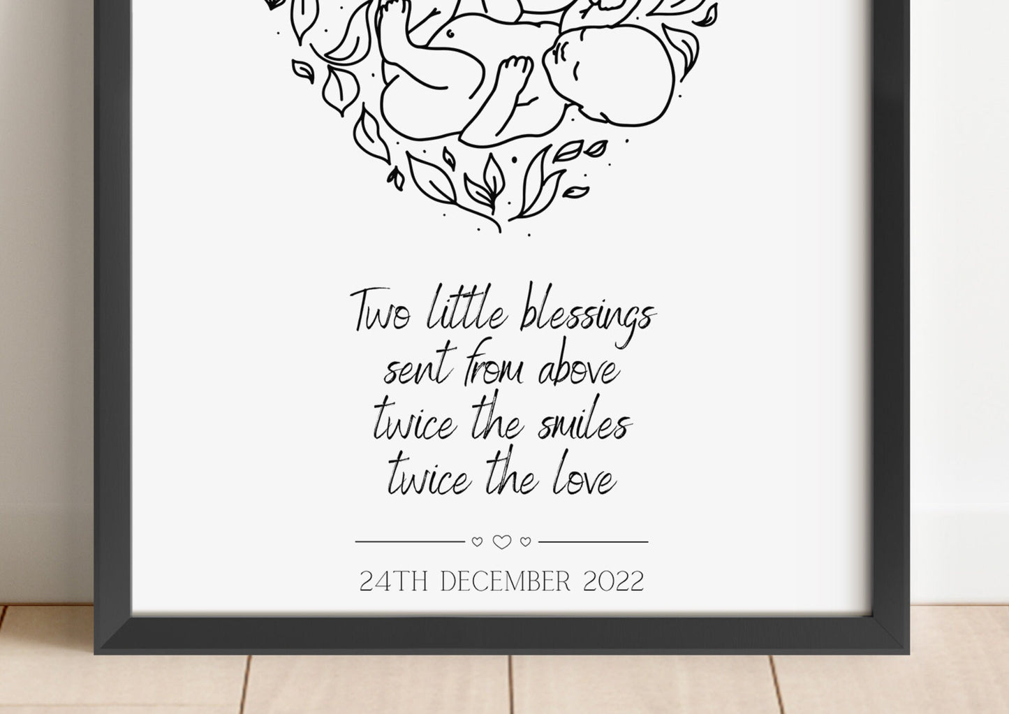 Personalised Twins Print, Gift for New Family, Twin Babies, Minimalist Line Art, Baby Shower, Family Names, Date of Birth, New Mummy & Daddy