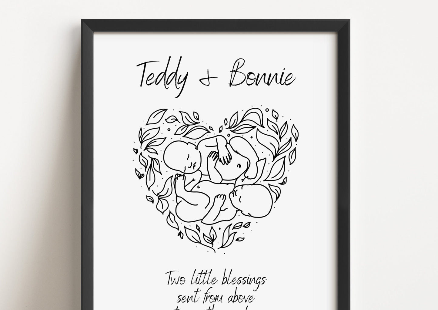Personalised Twins Print, Gift for New Family, Twin Babies, Minimalist Line Art, Baby Shower, Family Names, Date of Birth, New Mummy & Daddy