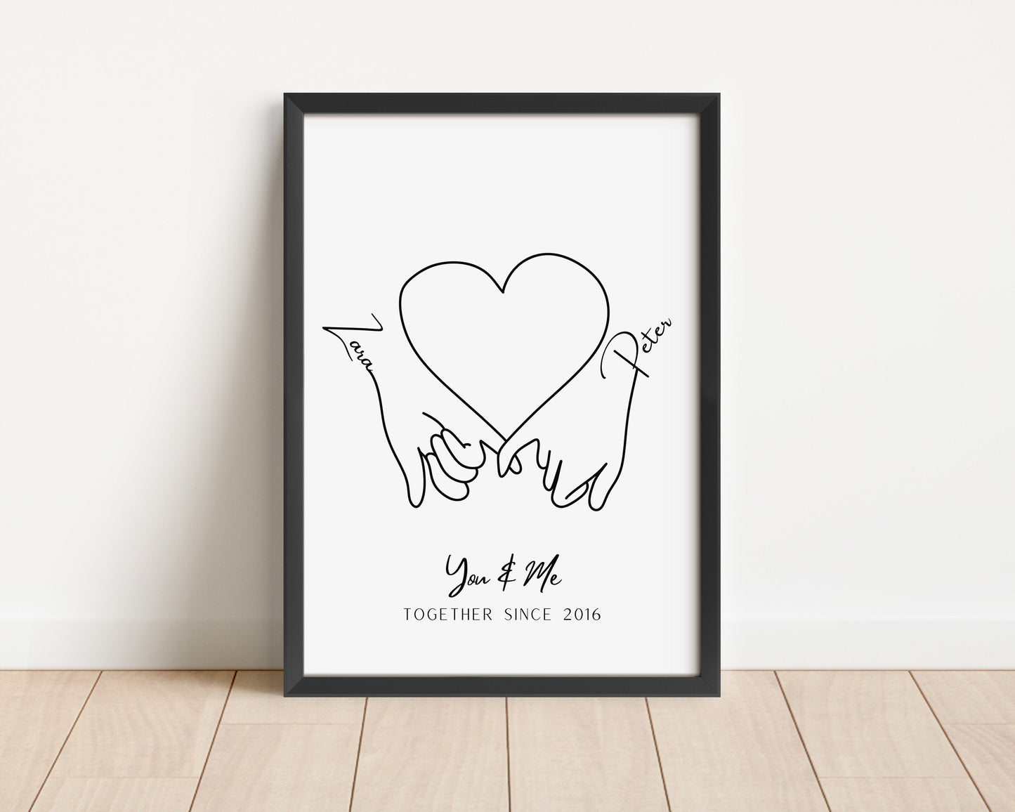 Personalized Couple Hand in Hand Line Art Print with Names and Heart, Custom Anniversary Gift, Minimalist You and Me Wall Decor, Hands Gift