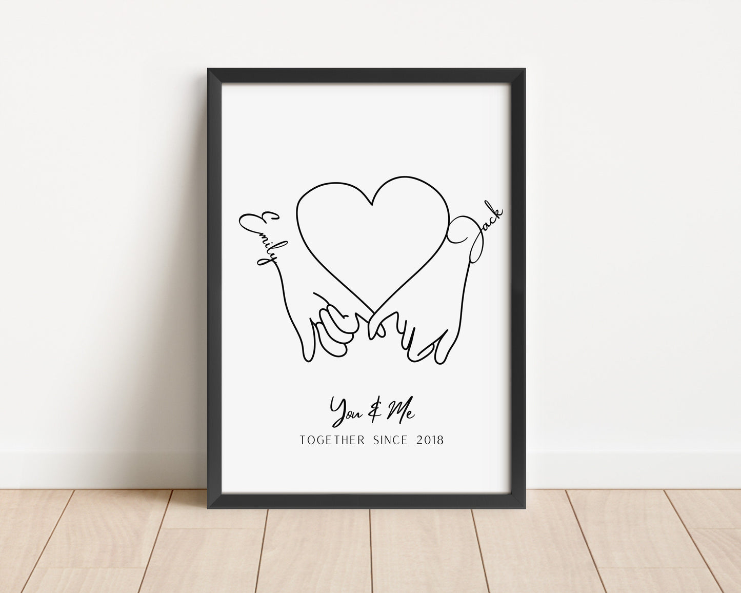 Personalized Couple Hand in Hand Line Art Print with Names and Heart, Custom Anniversary Gift, Minimalist You and Me Wall Decor, Hands Gift