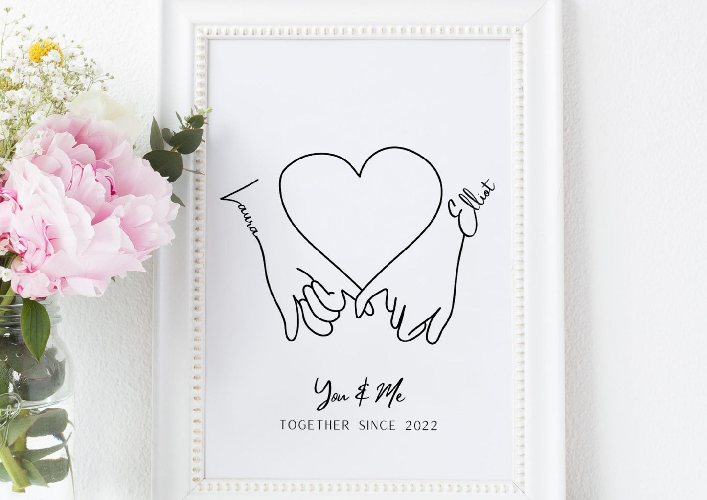 Personalized Couple Hand in Hand Line Art Print with Names and Heart, Custom Anniversary Gift, Minimalist You and Me Wall Decor, Hands Gift