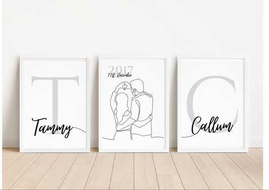 Personalised Couple Anniversary Print, Set of 3, Newly Married Gift, Hands Line Art, Birthday Gift, New Home Wall Art, Bedroom Decor