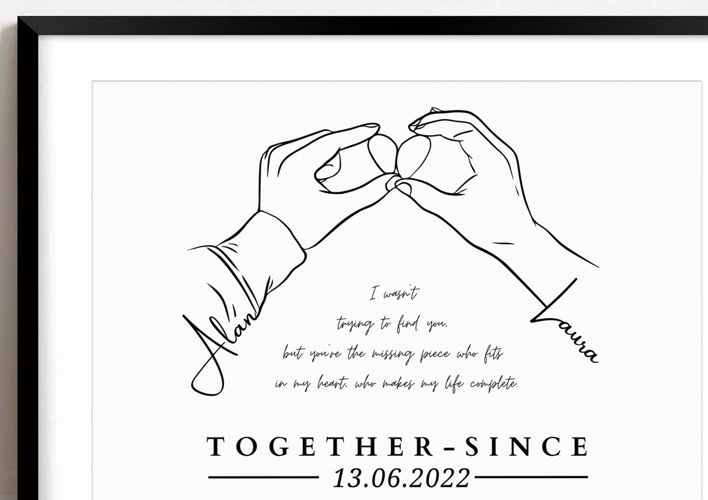 Personalised Couple Line Art Print, Custom Hands Drawing, Names & Date, Anniversary Gift
