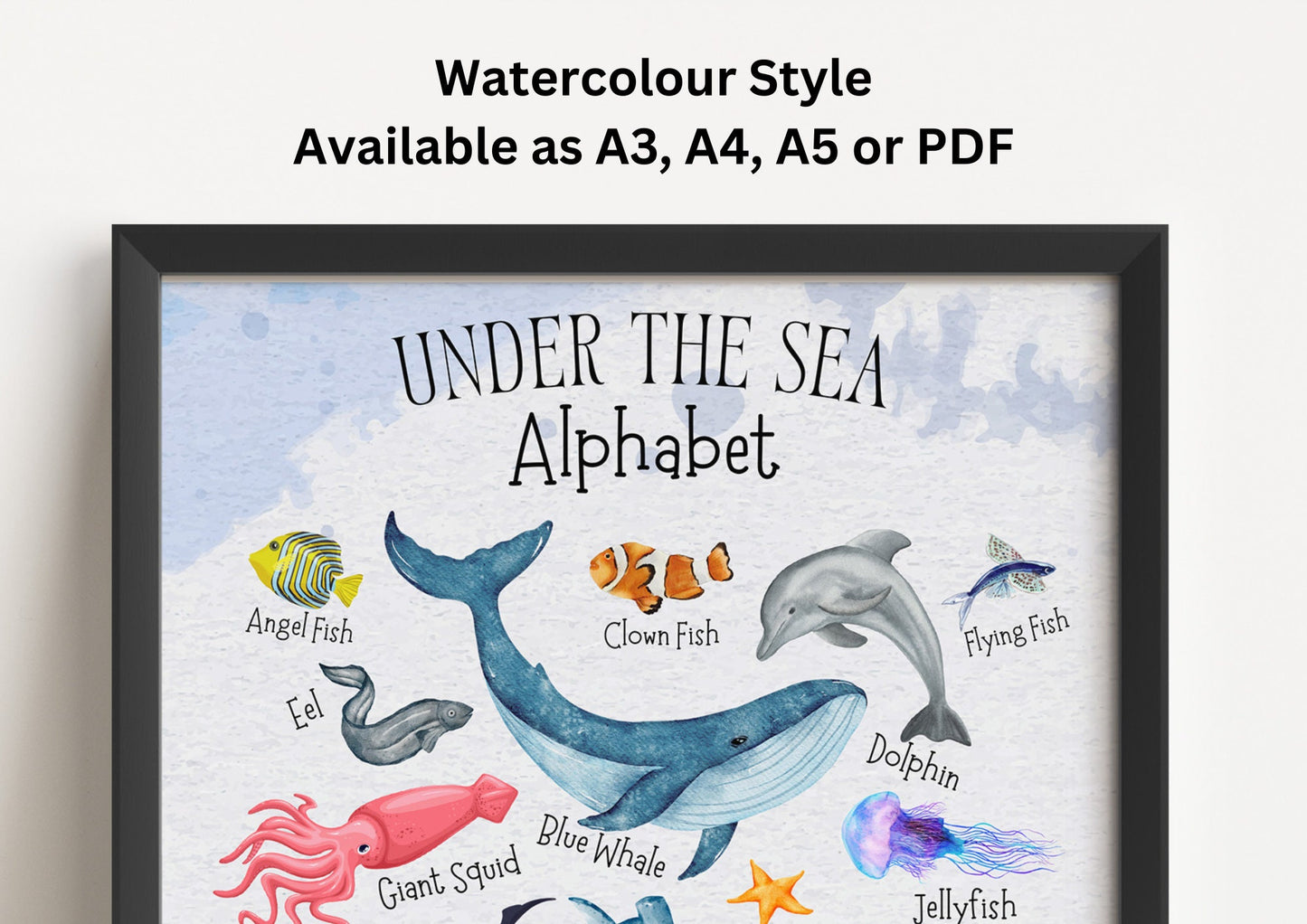 Ocean Alphabet Poster: Watercolour Sea Animals Nursery Art Print