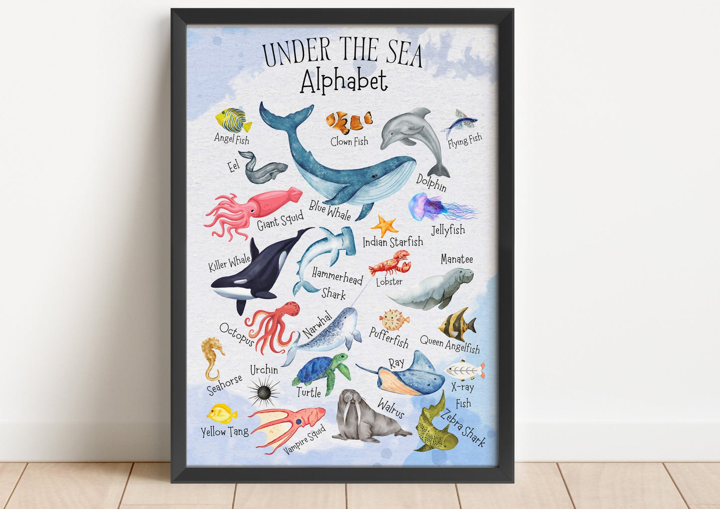 Ocean Alphabet Poster: Watercolour Sea Animals Nursery Art Print