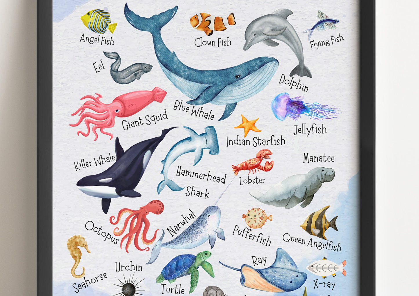 Ocean Alphabet Poster: Watercolour Sea Animals Nursery Art Print