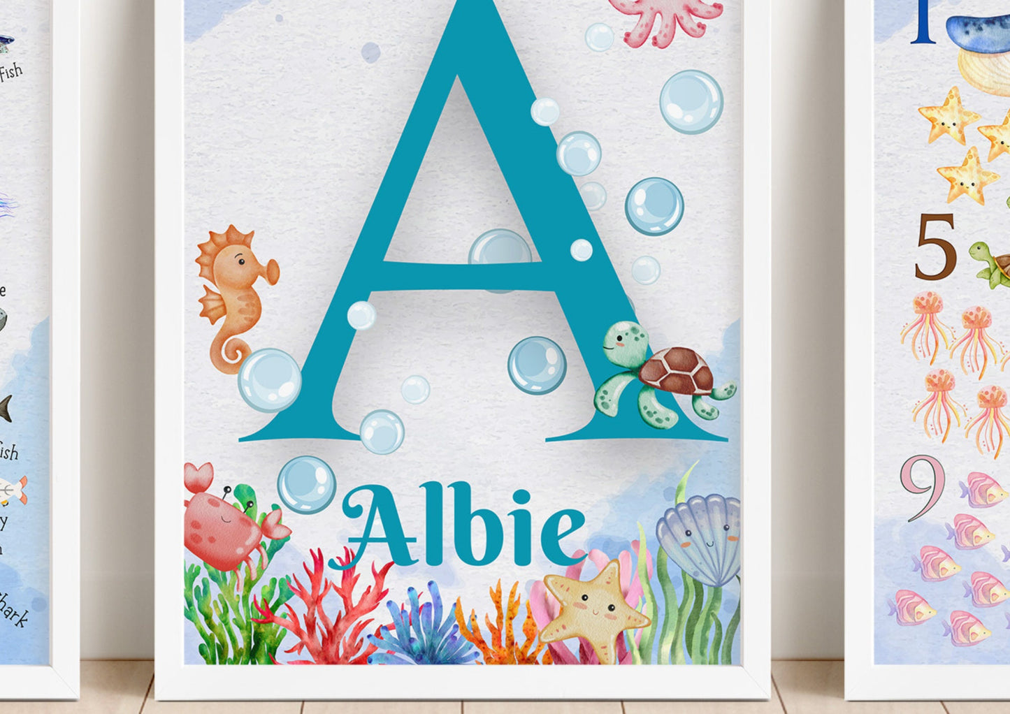 Personalised Ocean Nursery Art: Watercolor Sea Animal Prints, Coastal Kids Decor