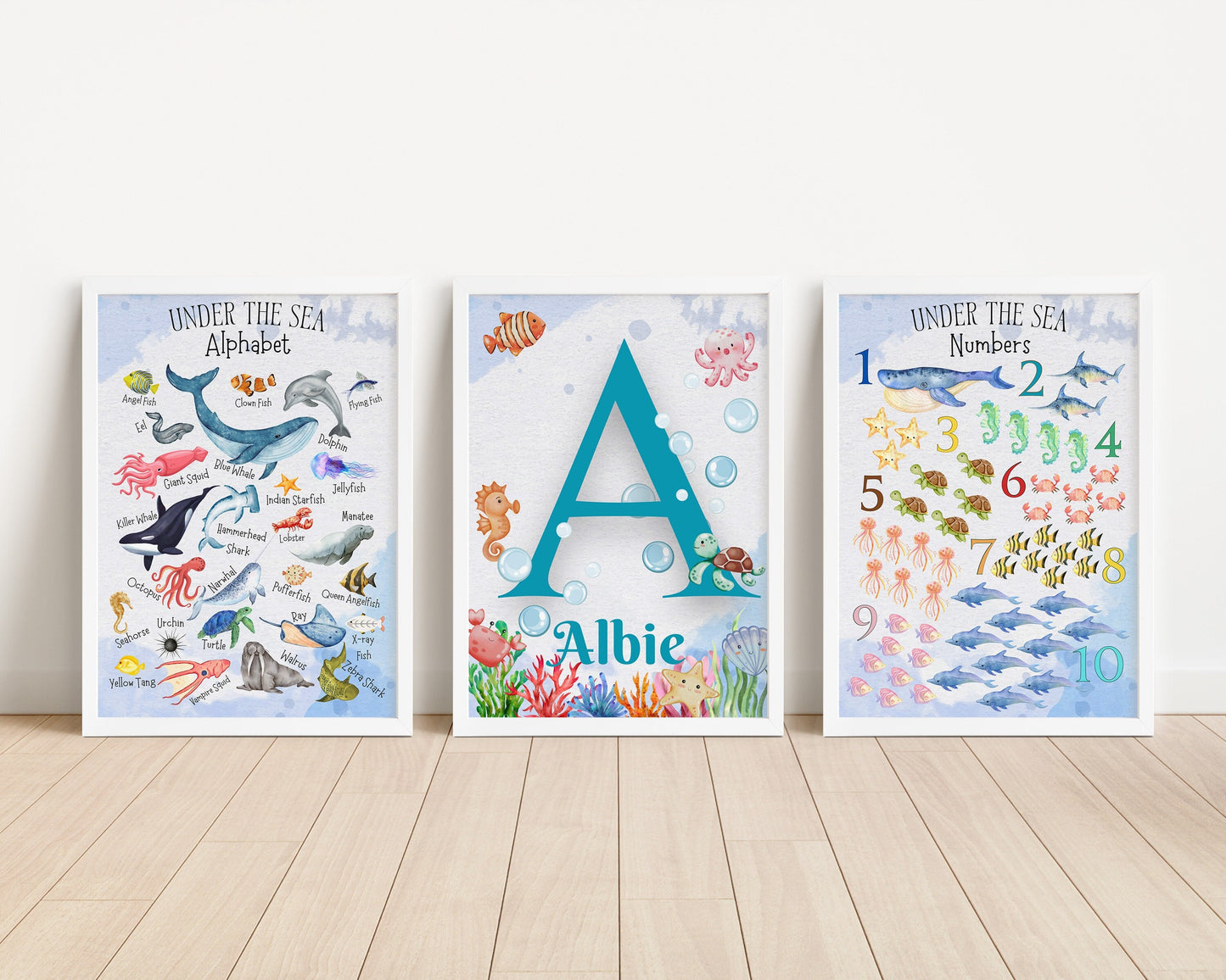 Personalised Ocean Nursery Art: Watercolor Sea Animal Prints, Coastal Kids Decor