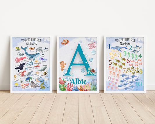 Personalised Ocean Nursery Art: Watercolor Sea Animal Prints, Coastal Kids Decor