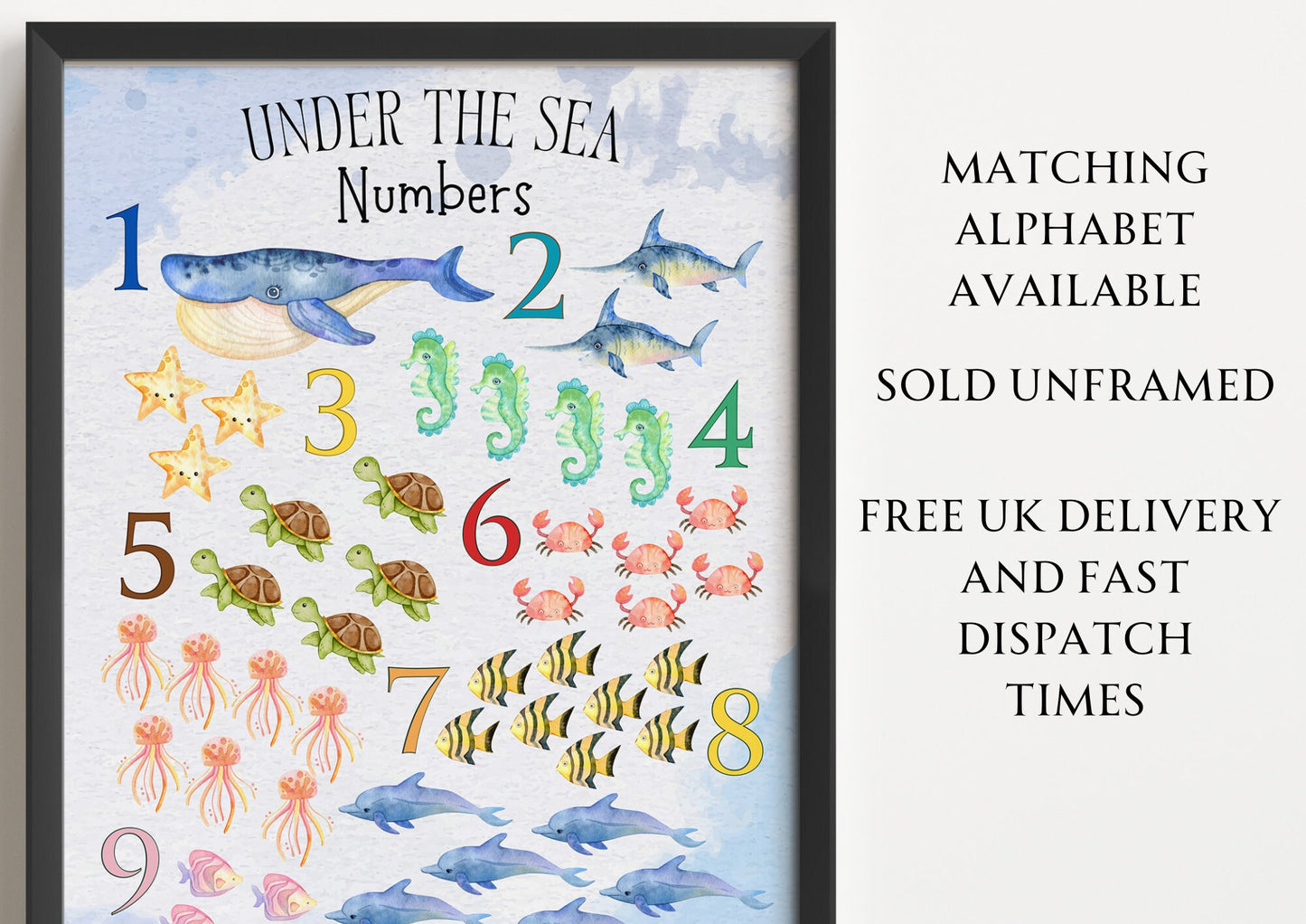 Ocean Numbers Chart: Watercolor Sea Animal Nursery Print