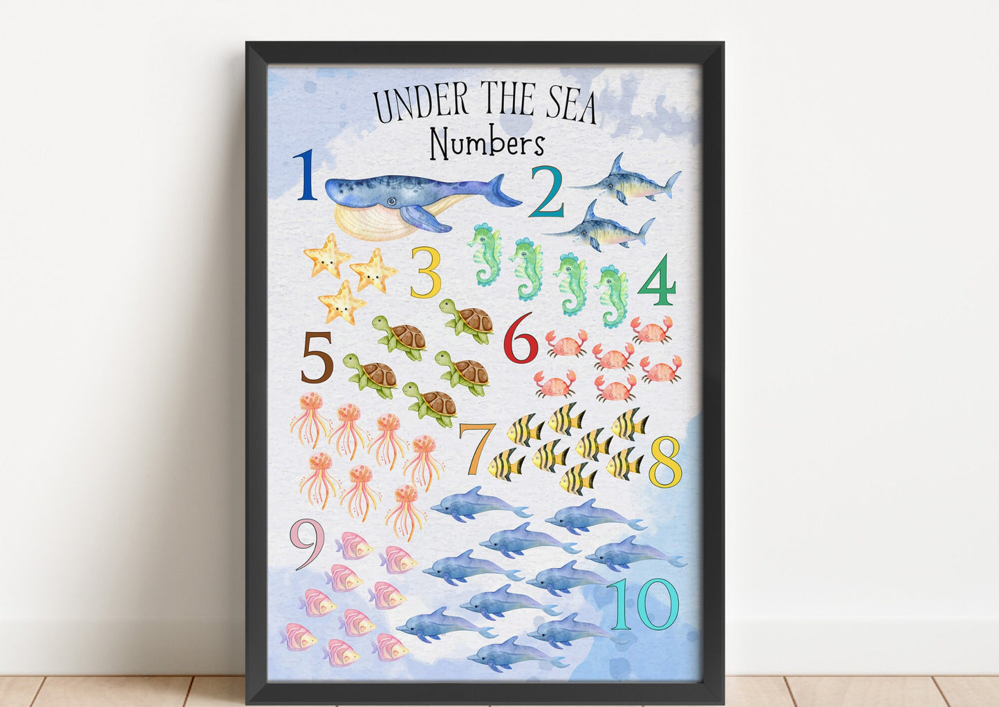 Ocean Numbers Chart: Watercolor Sea Animal Nursery Print