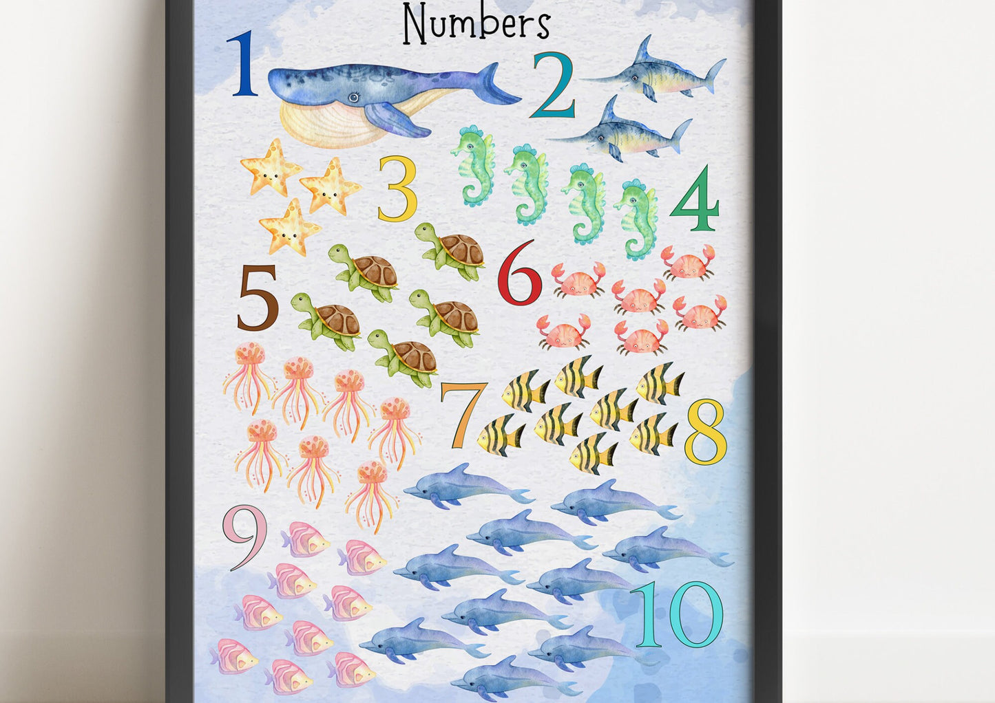 Ocean Numbers Chart: Watercolor Sea Animal Nursery Print