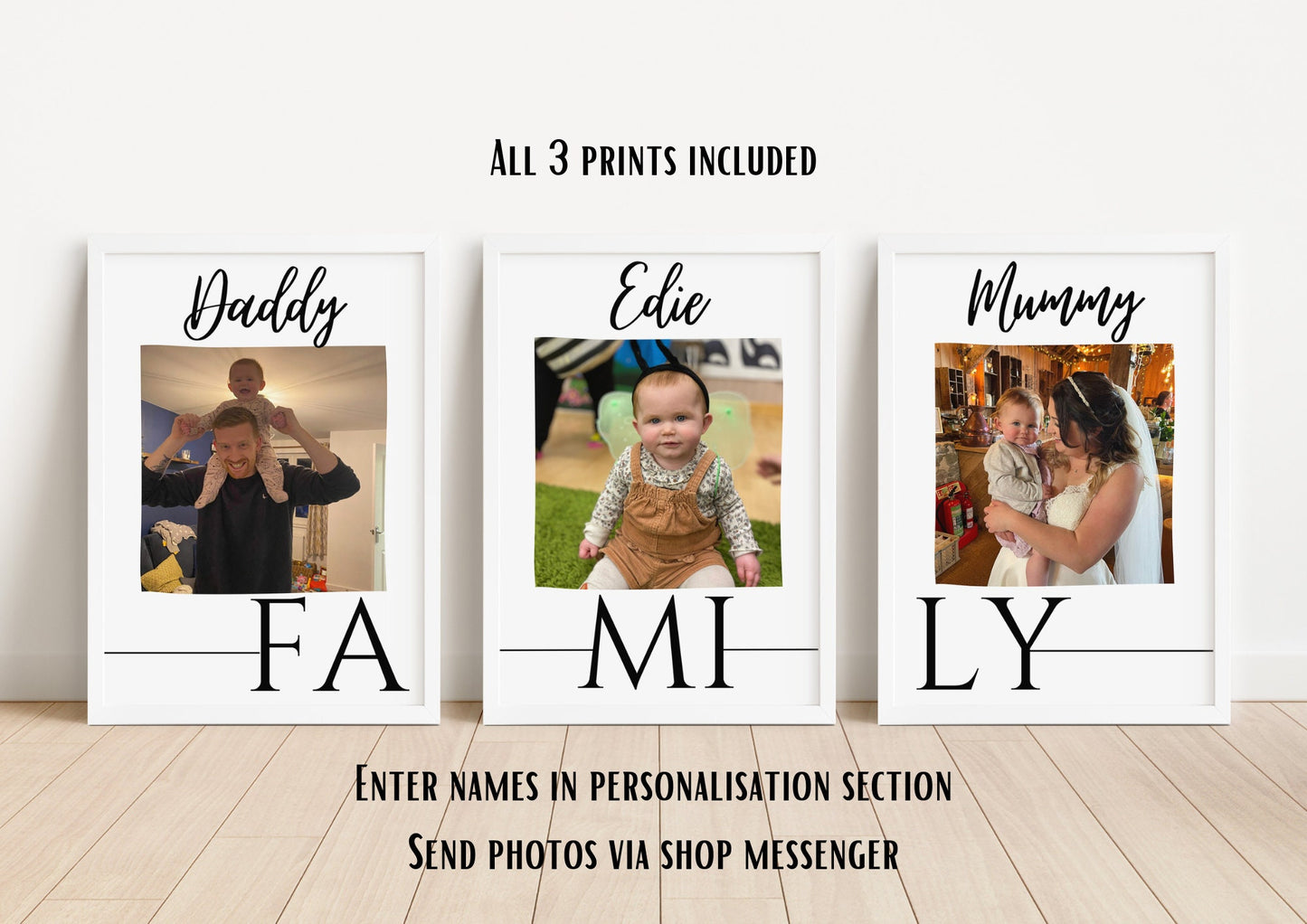 Personalised Family Photo Prints Set of 3 - Custom Name Wall Art