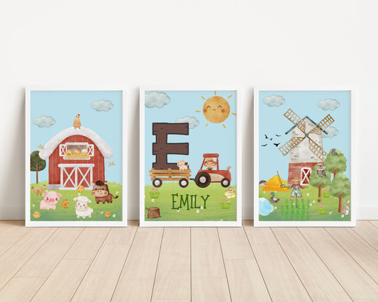 Personalised Farm Animal Nursery Prints: Watercolor Tractor Farmyard Decor